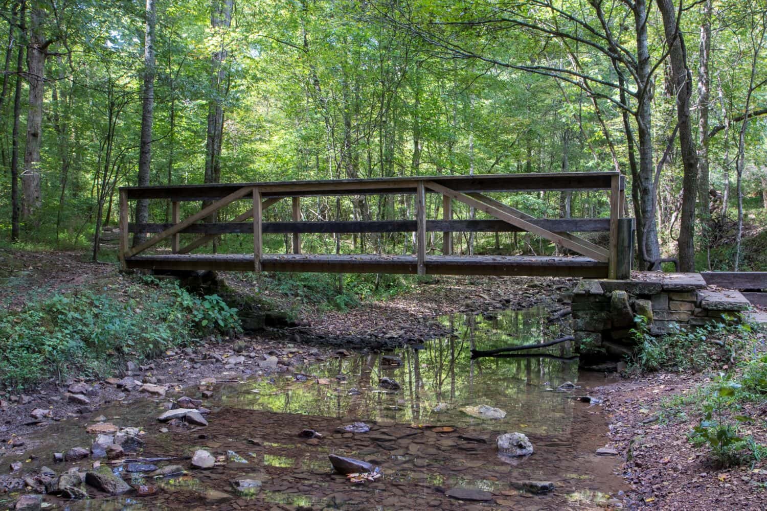 Wooden bridge behind the Cumberland Presbyterian Church at Montgomery Bell State Park in Tennessee