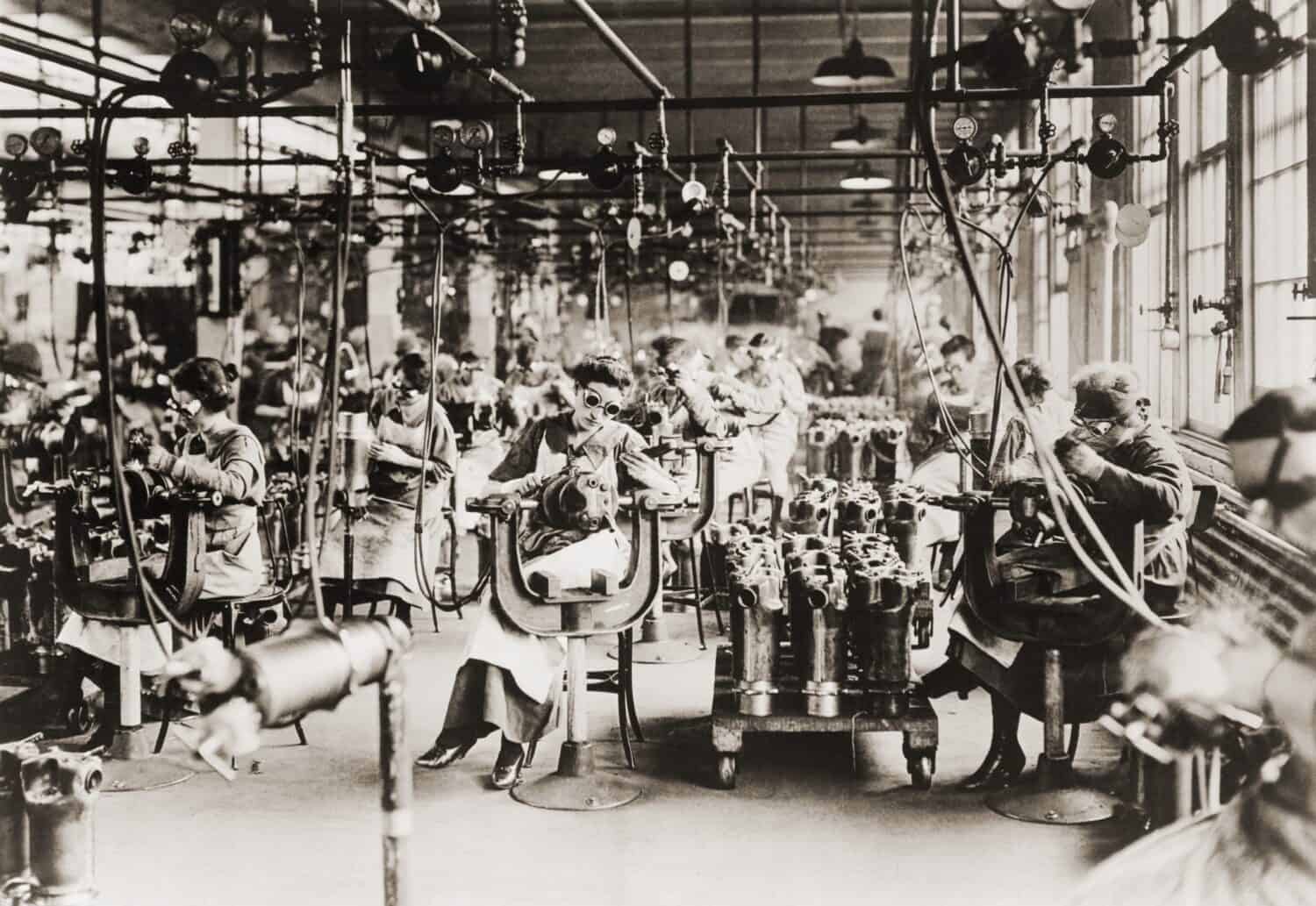 Women working in Welding Department, Lincoln Motor Company in Detroit, Michigan during World War I.