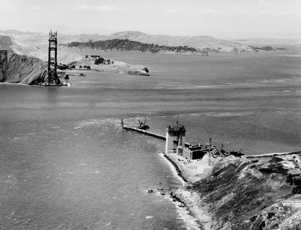 Early stage of Golden Gate Bridge construction, July 16, 1934.