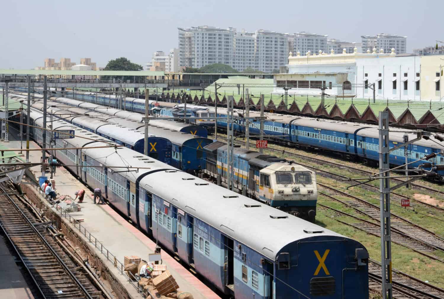 Trains parked at railway station in India.
