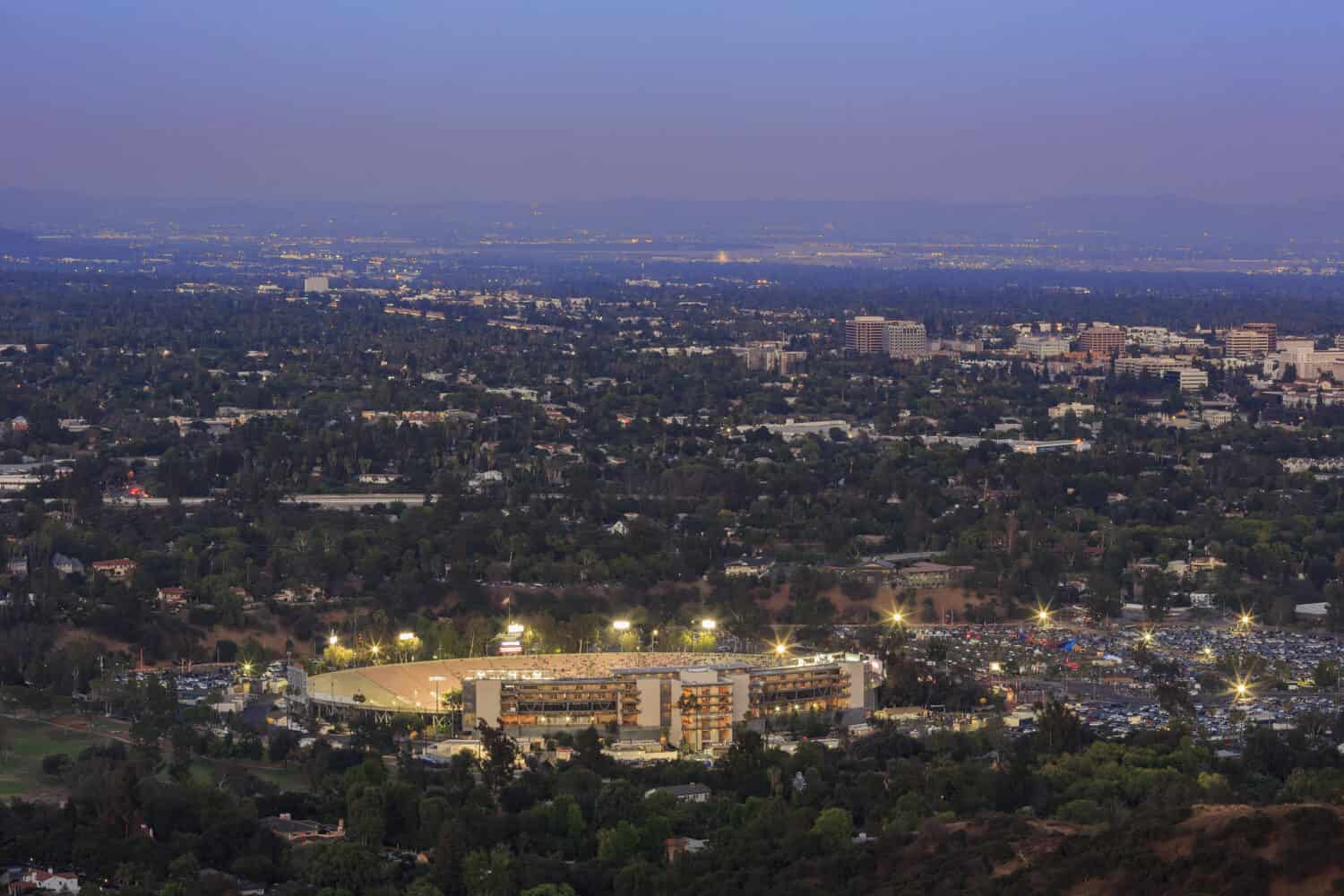 The beautiful Rose Bowl, Pasadena City hall and Pasadena downtown view around twilight time