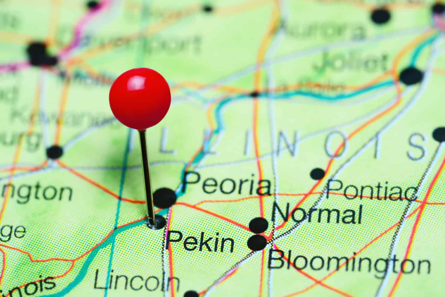 Pekin pinned on a map of Illinois, USA