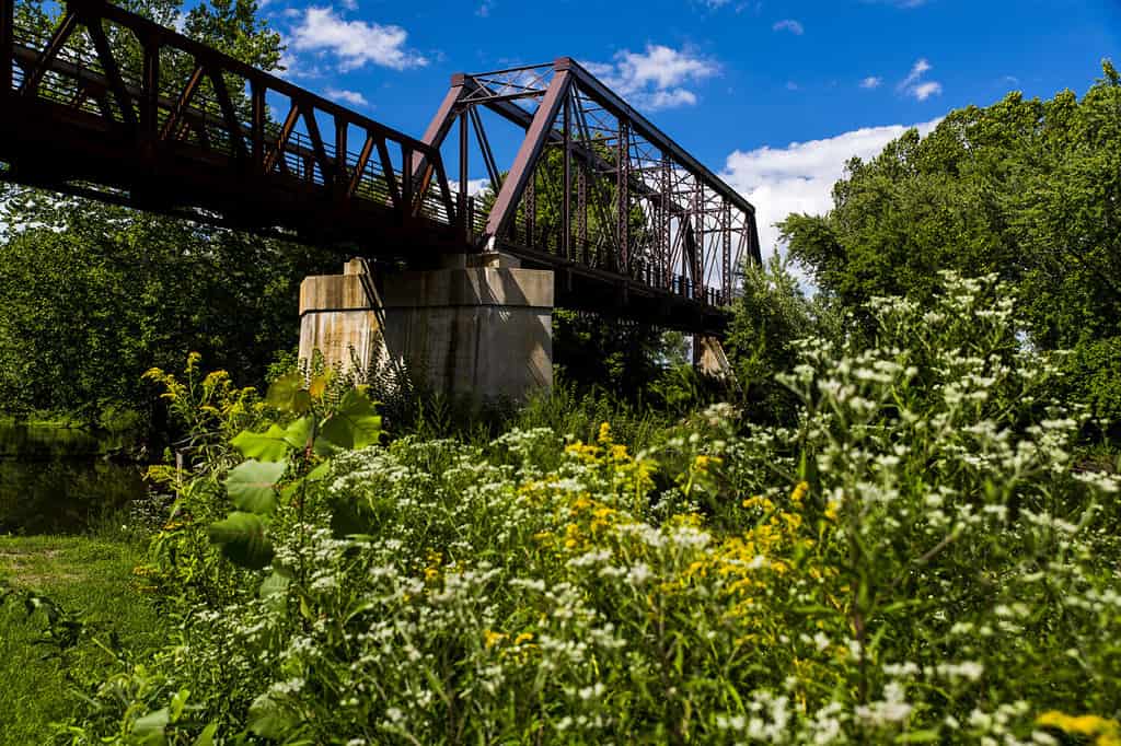 A view of the former Erie Railroad Mahoning River Bridge in Trumbull County, Ohio. It has been restored to be used as a rail to trail for bicyclists.
