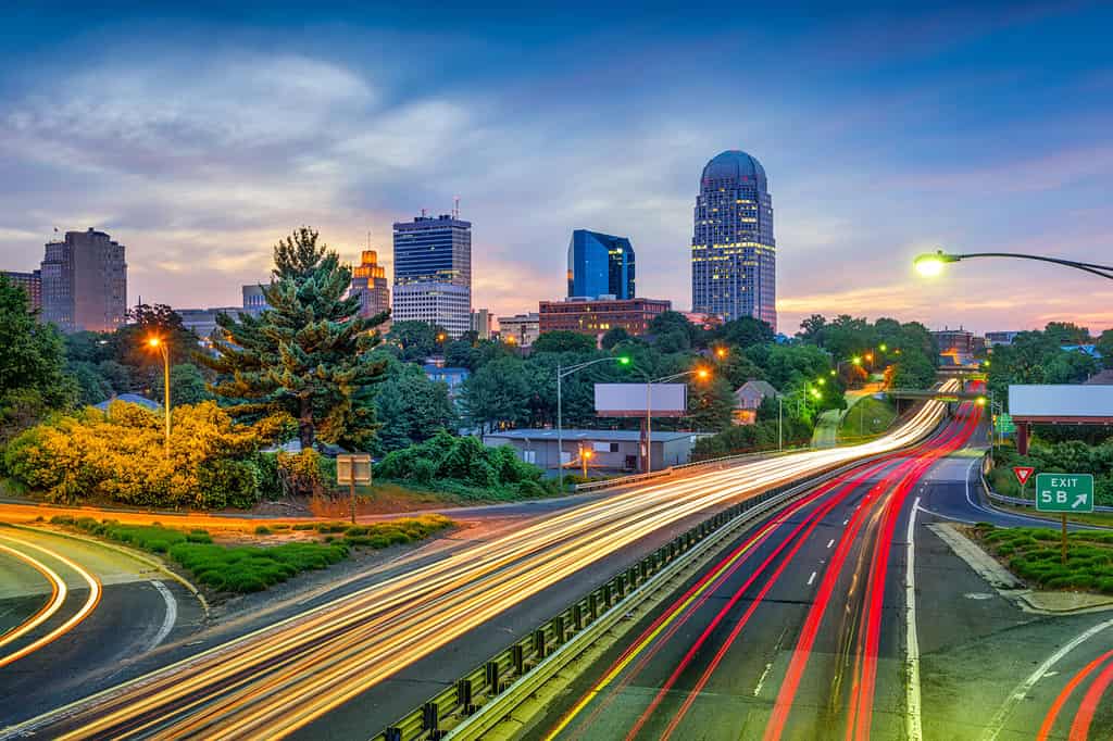 Winston-Salem, North Carolina, USA skyline and highway.