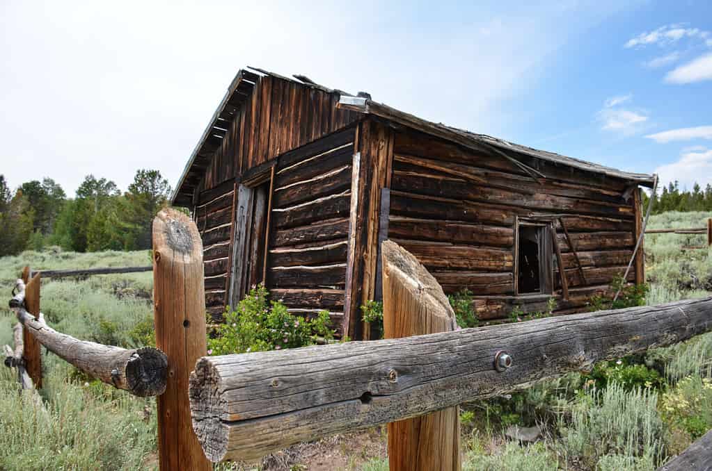 Abandoned log cabin near Miner's Delight, Wyoming, a former oil boomtown area.