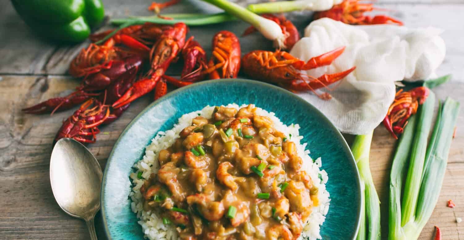 Crawfish étouffée over rice on a turquoise blue plate. 