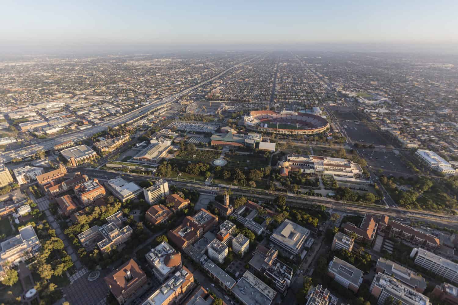 Aerial view of Exposition Park, the LA Memorial Coliseum and the University of Southern California near downtown Los Angeles.  