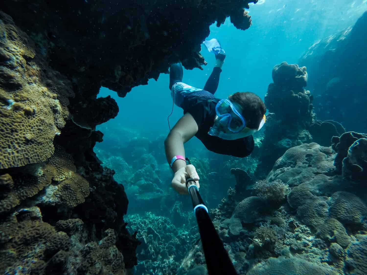 A freediver dives on a coral reef