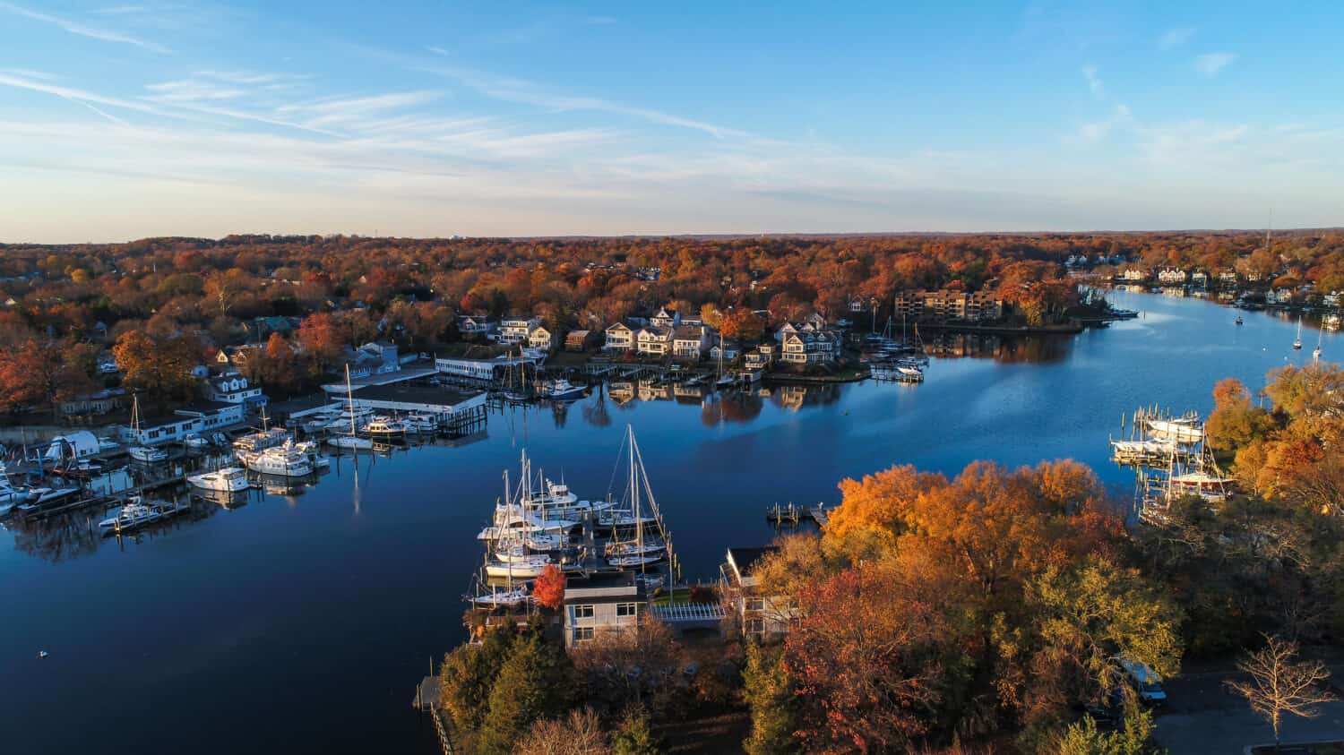 An aerial view of historic Annapolis, situated on the Chesapeake Bay, during an early November morning. 