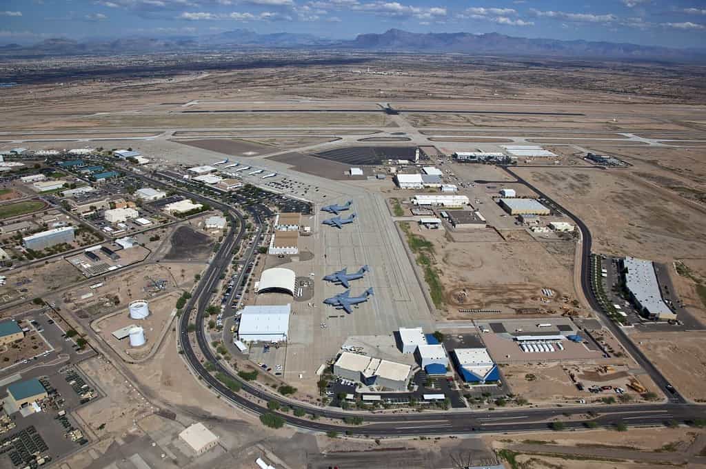 Aerial view of the Phoenix-Mesa Gateway Airport in east Mesa, Arizona
