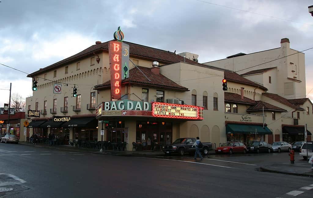 Exterior of Bagdad Theatre and Pub in downtown Portland, Oregon