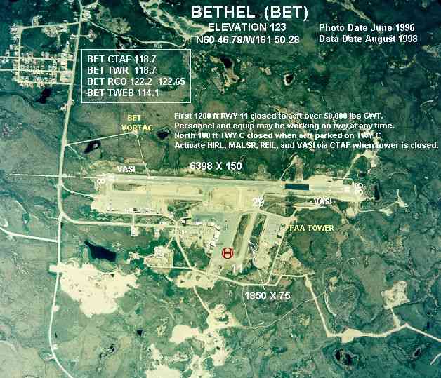 Annotated aerial photograph Bethel Airport (FAA: BET) in Bethel, Alaska, United States.