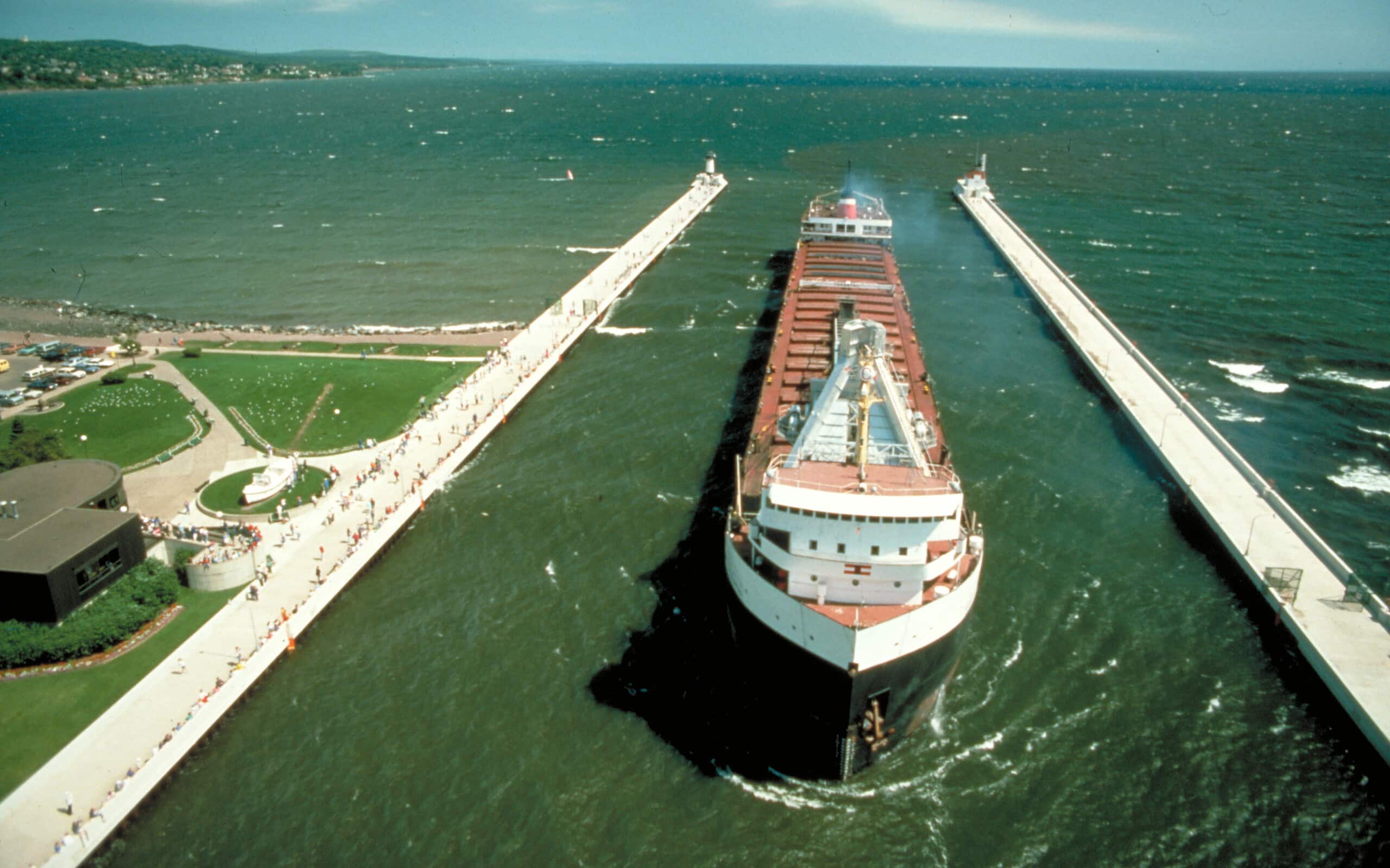 An unidentified lake freighter of the Canadian Steamship Lines entering Duluth Ship Canal in Duluth, Minnesota