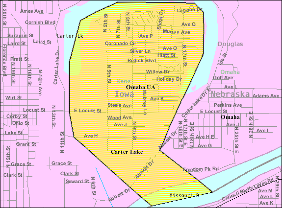 City of Carter Lake Census Map - Carter Lake is a suburb of Omaha that belongs to Iowa.