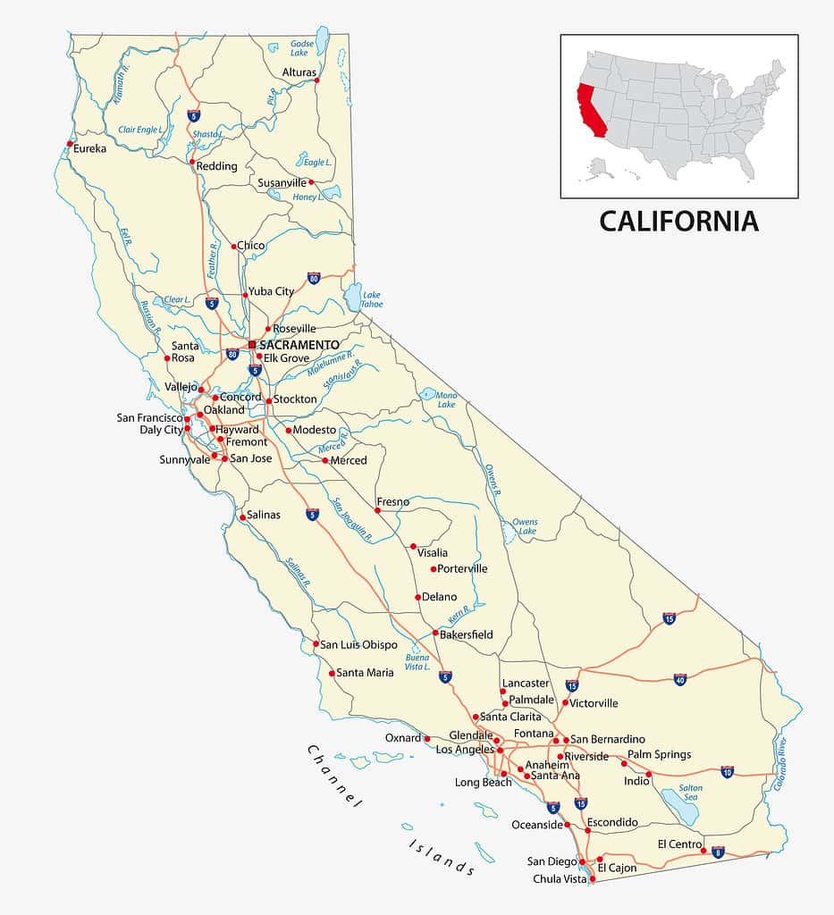 Interstate 5 passes through major cities like San Diego, Los Angeles, and Sacramento.