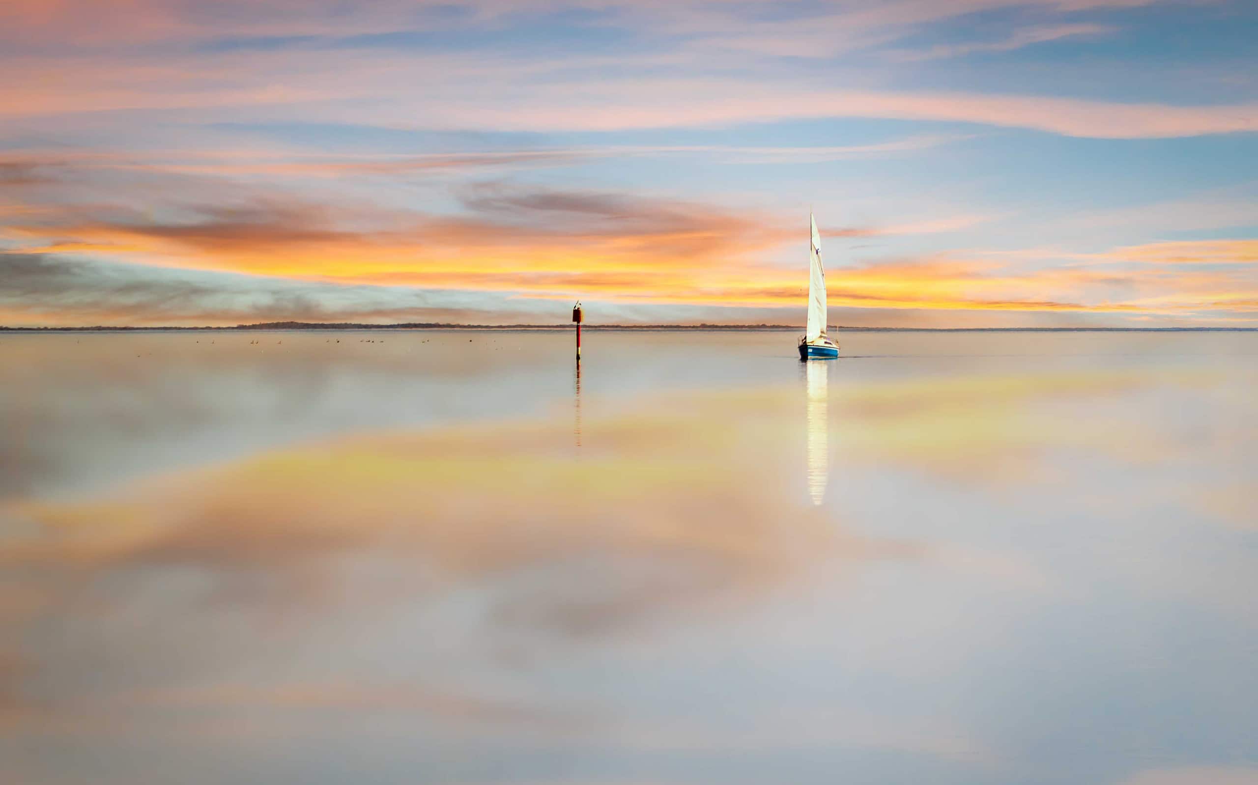 Fine Art, Yacht Sailing at Sunset, Gippsland Lakes, Victoria, Australia, April 2014