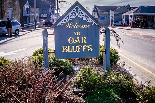Sign welcoming visitors to Oak Bluffs Massachusetts on Martha's Vineyard