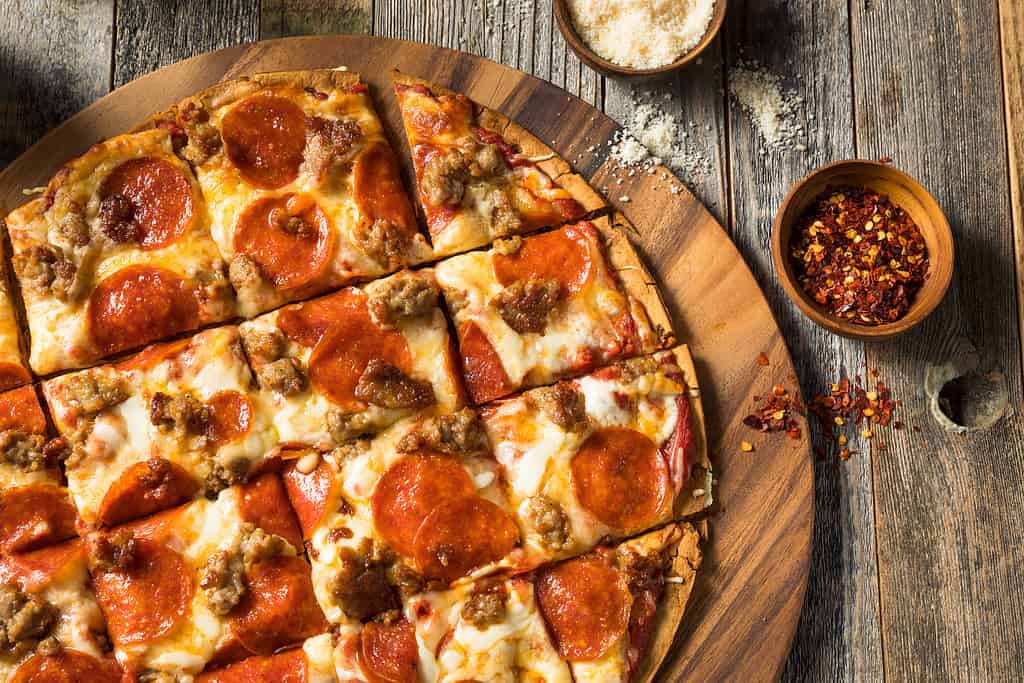 Homemade St Louis Style Pepperoni PIzza is a popular Missouri food dish.