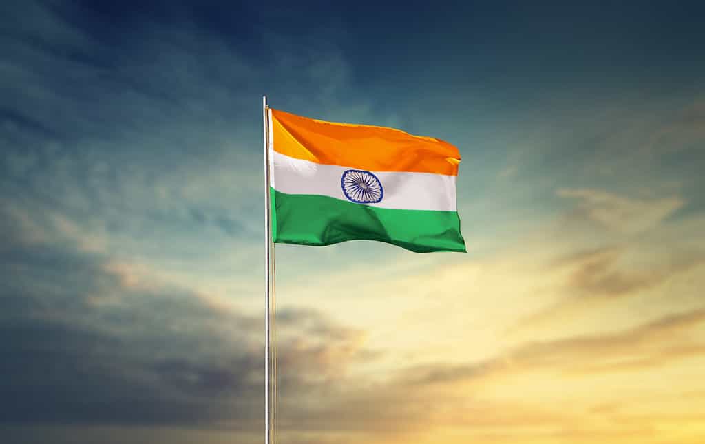 INDIA FLAG FLYING HIGH BLUE SKY TRICOLOUR FLAG