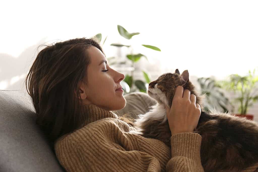 Charismatic young woman playing with her adorable cat.