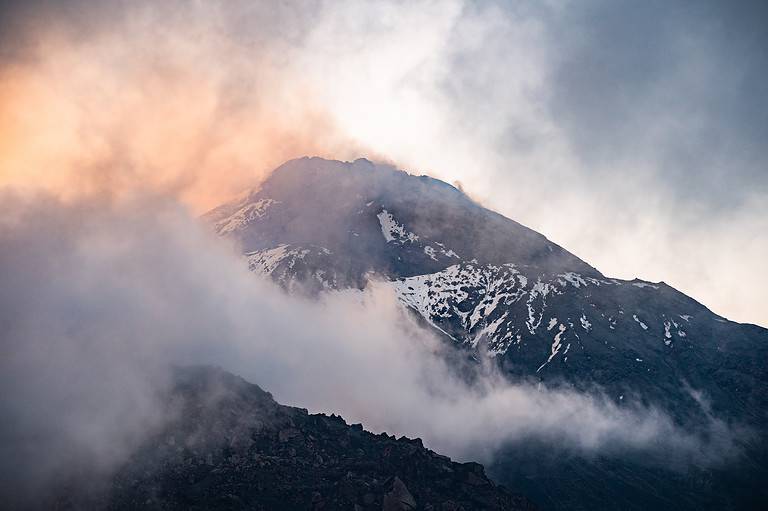 Nature of Kamchatka - beautiful volcanic landscape: view on Kamen Volcano, active Klyuchevskoy Volcano and active Bezymianny Volcano.