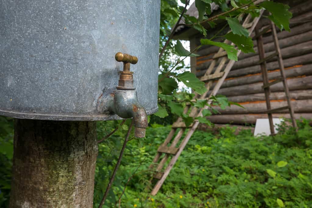 Fragment of the rural landscape. In the foreground is a metal washbasin with a brass tap. The wall of a log house with a sloping staircase. The site is overgrown with green grass.