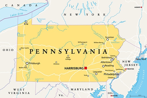 Pennsylvania, PA, political map, Keystone State, Quaker State.