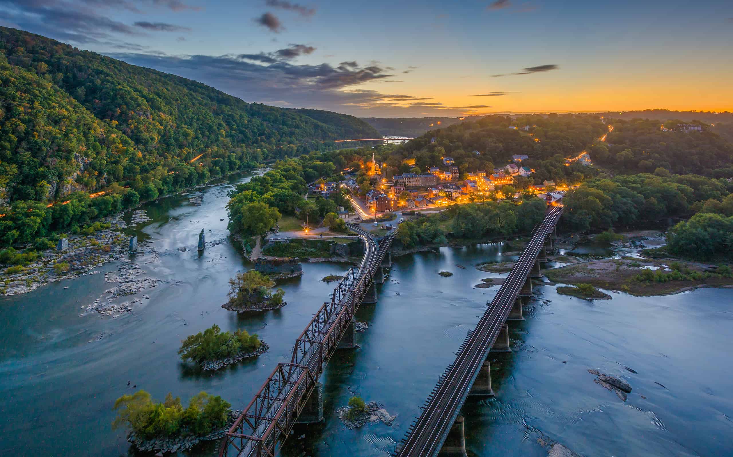 View of Harpers Ferry, West Virginia at sunset from Maryland Heights