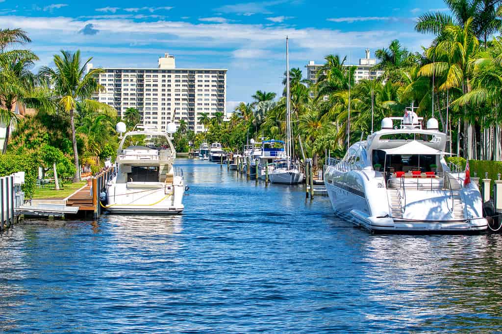 Boats along Fort Lauderdale Canals on a sunny day, Florida.