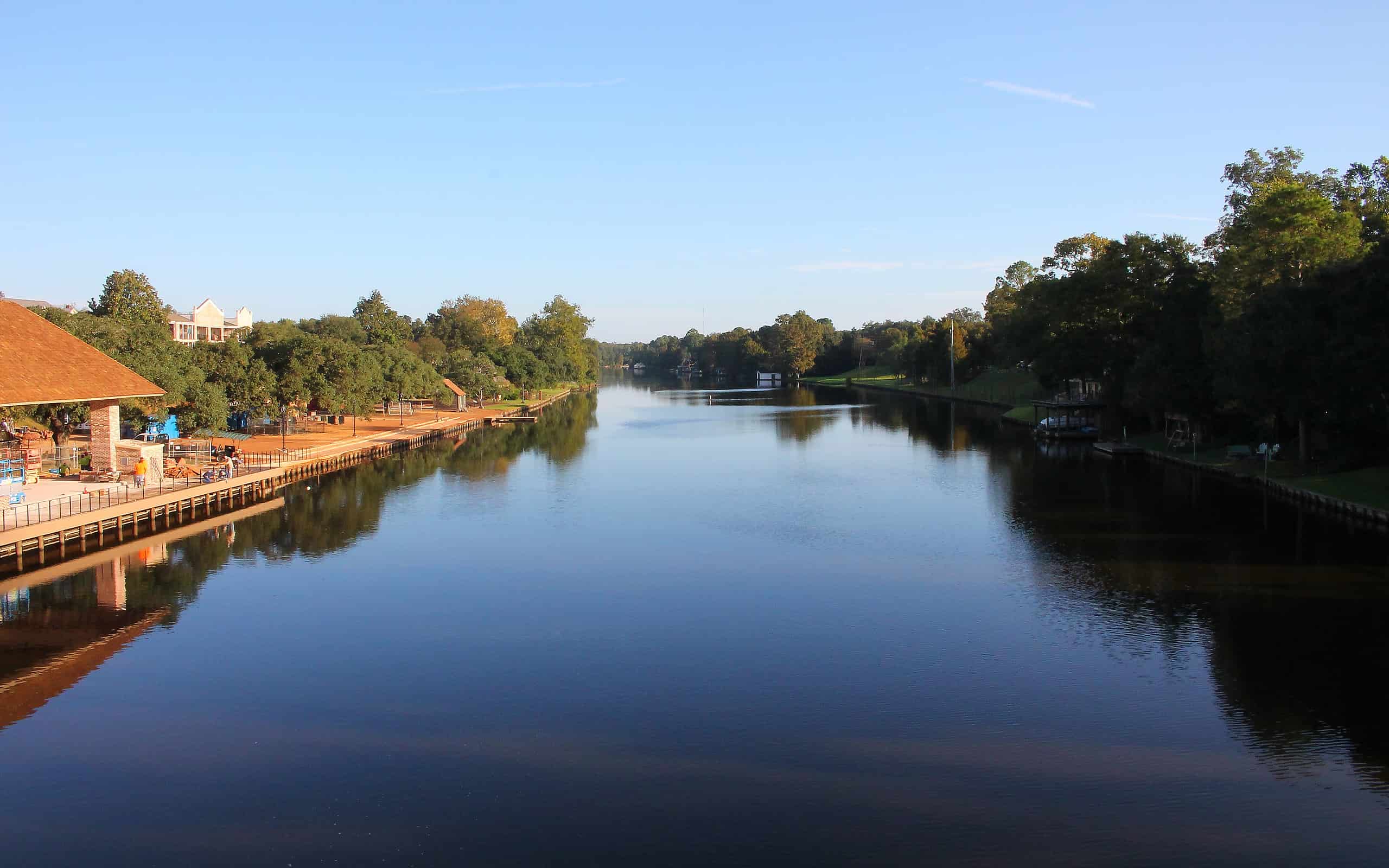 Calm Waters on Cane River Lake in Historic District of Natchitoches, Louisiana from Church Street Bridge