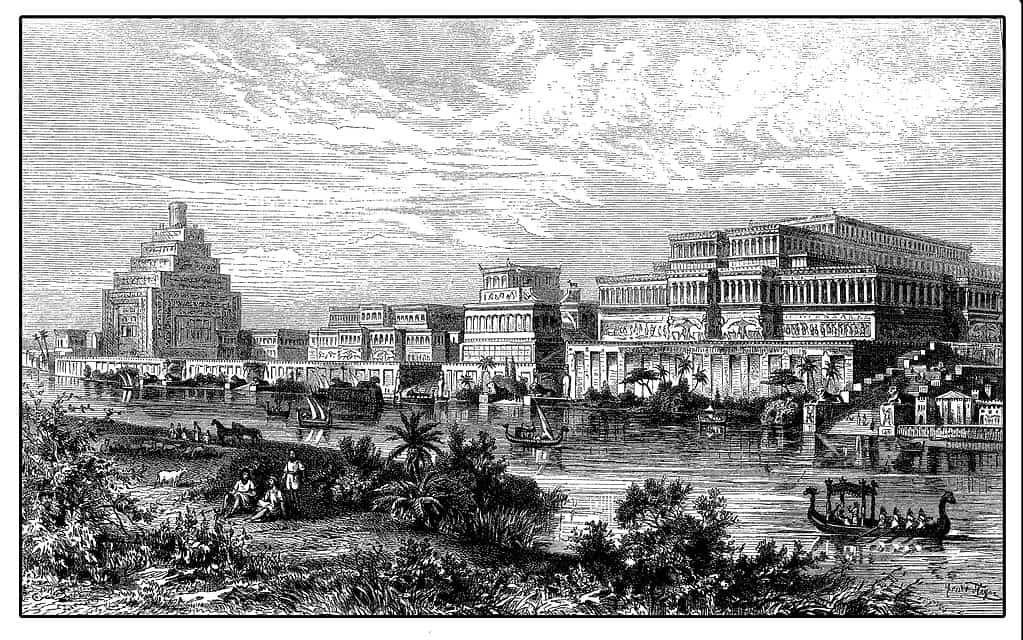Reconstruction of the Assyrian royal Palace at Niniveh on the border of Tigris river, Assyrian empire