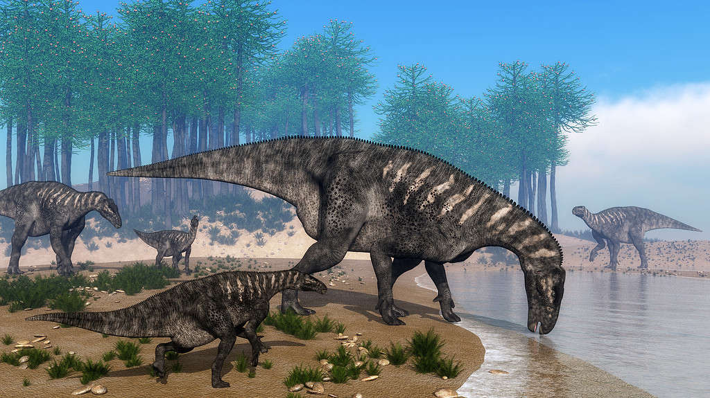 Iguanodon dinosaurs herd at the shoreline - 3D render