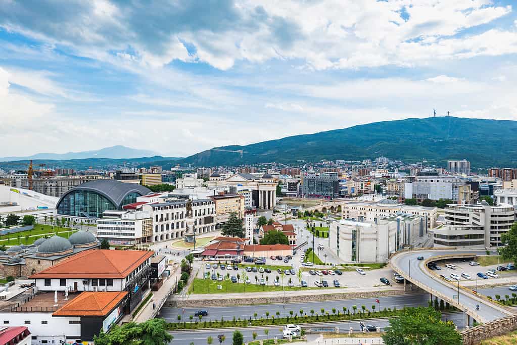 Skopje cityscape, the capital of North Macedonia, Europe.