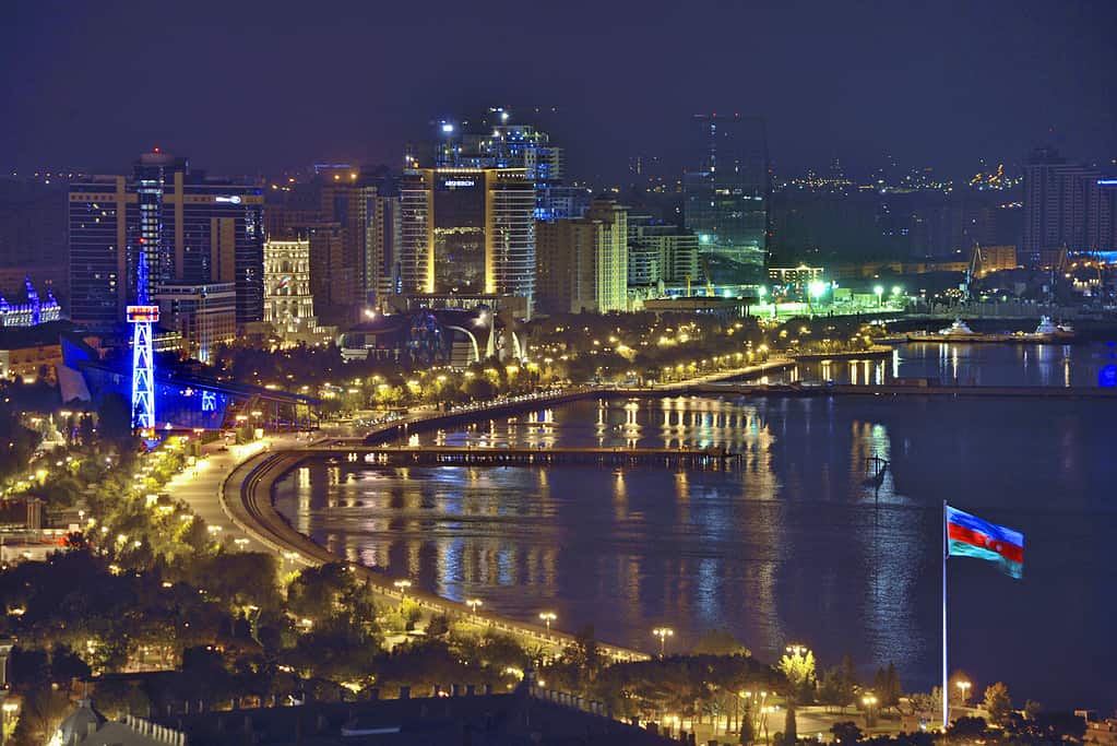 panoramic photo of Baku old city boulevard at night  shooting from the top