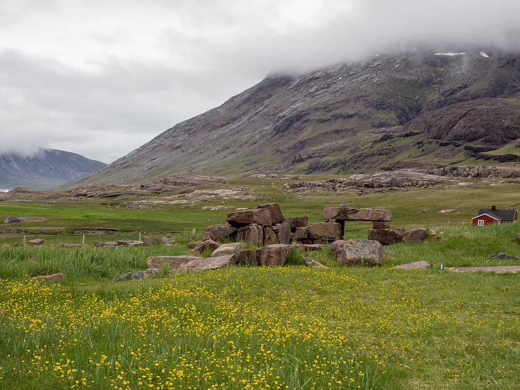 Ruins of GarÃ°ar, the seat of the bishop in the Norse settlements in Greenland, Igaliku, southern Greenland.