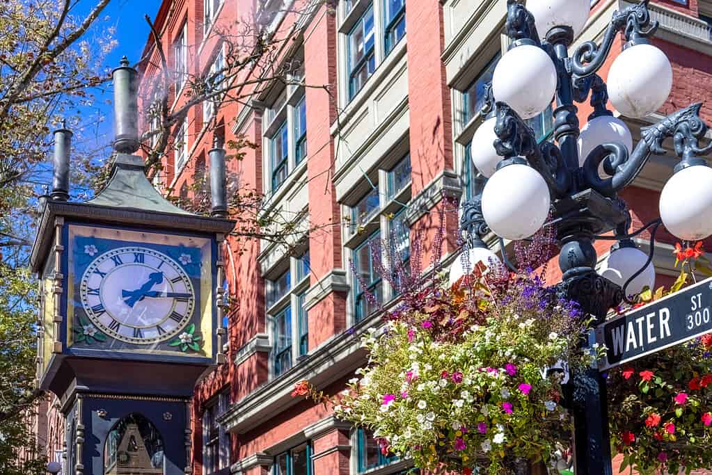 Scenic tourist attractions and restaurants of Old Gastown Neighborhood in Vancouver Canada