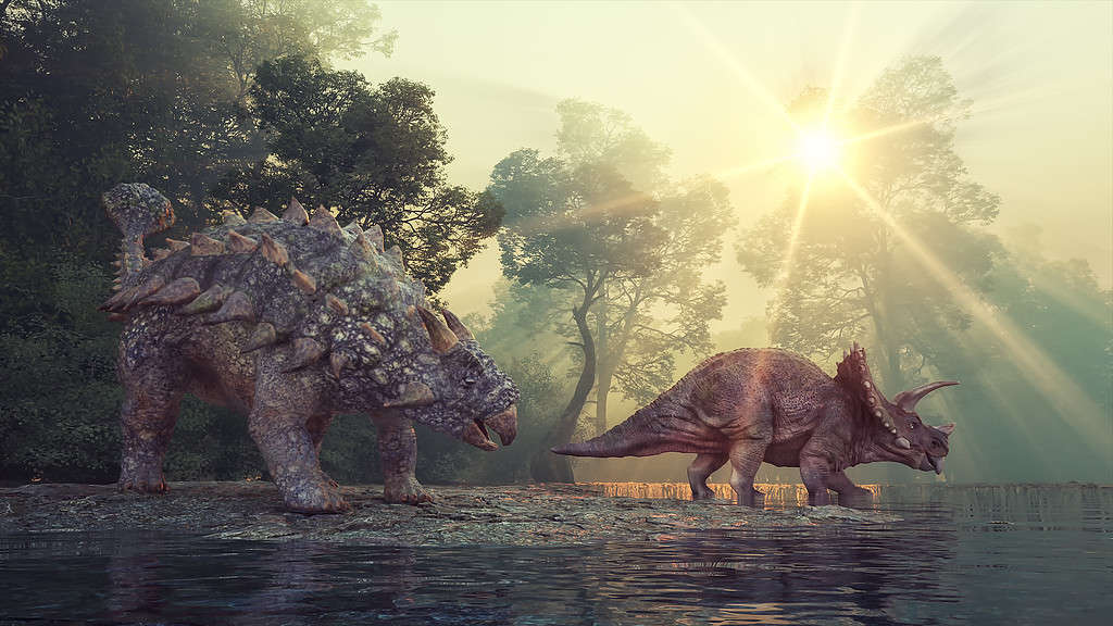 Ankylosaurus and Triceratops in the valley at the lake.