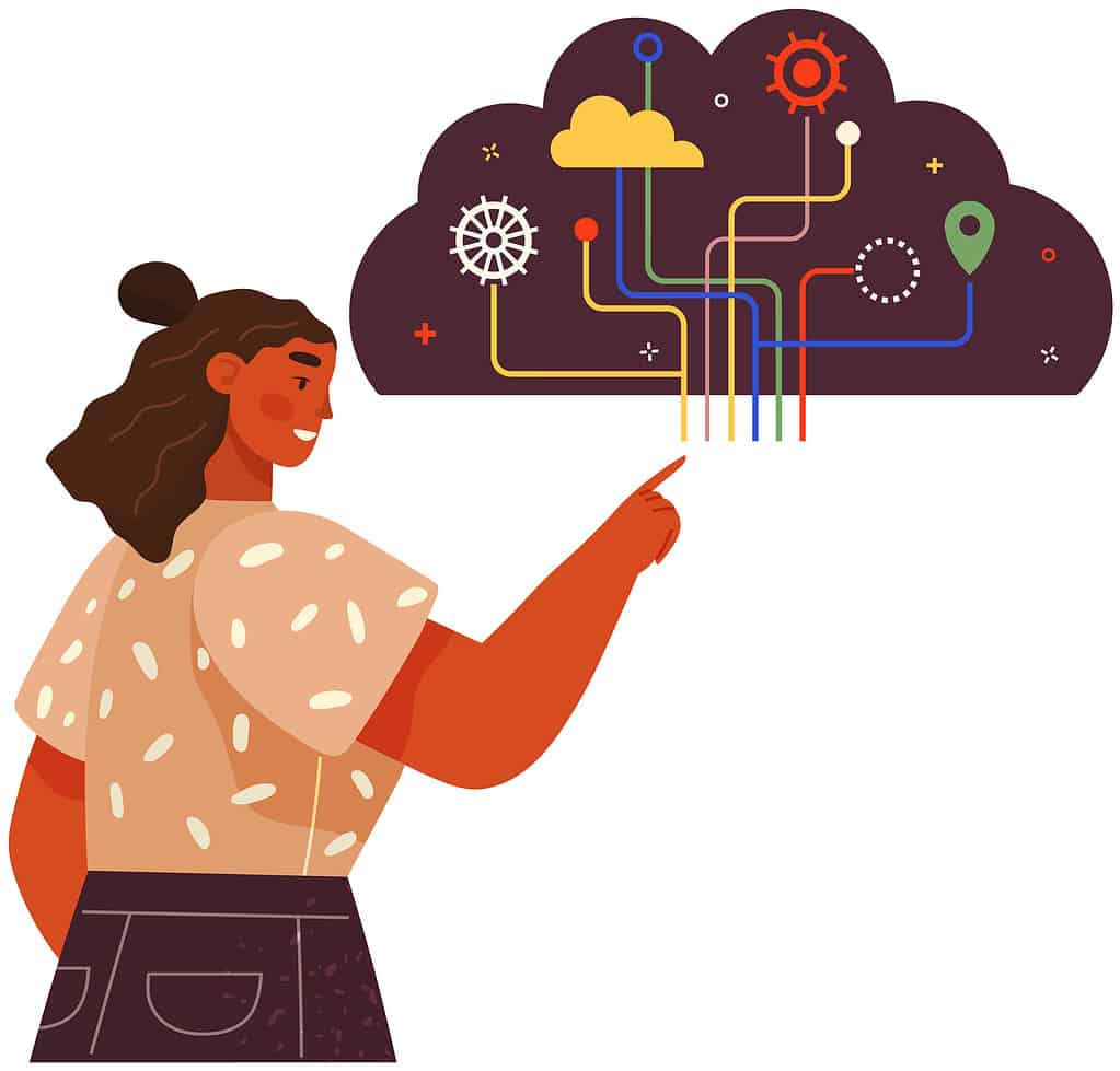 Lady points to thoughts in shape of cloud. Woman working with developing creative thinking