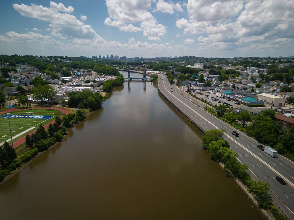 Aerial view of the Turnpike Bridge over the Passaic River in New Jersey,and cityscape on a sunny day