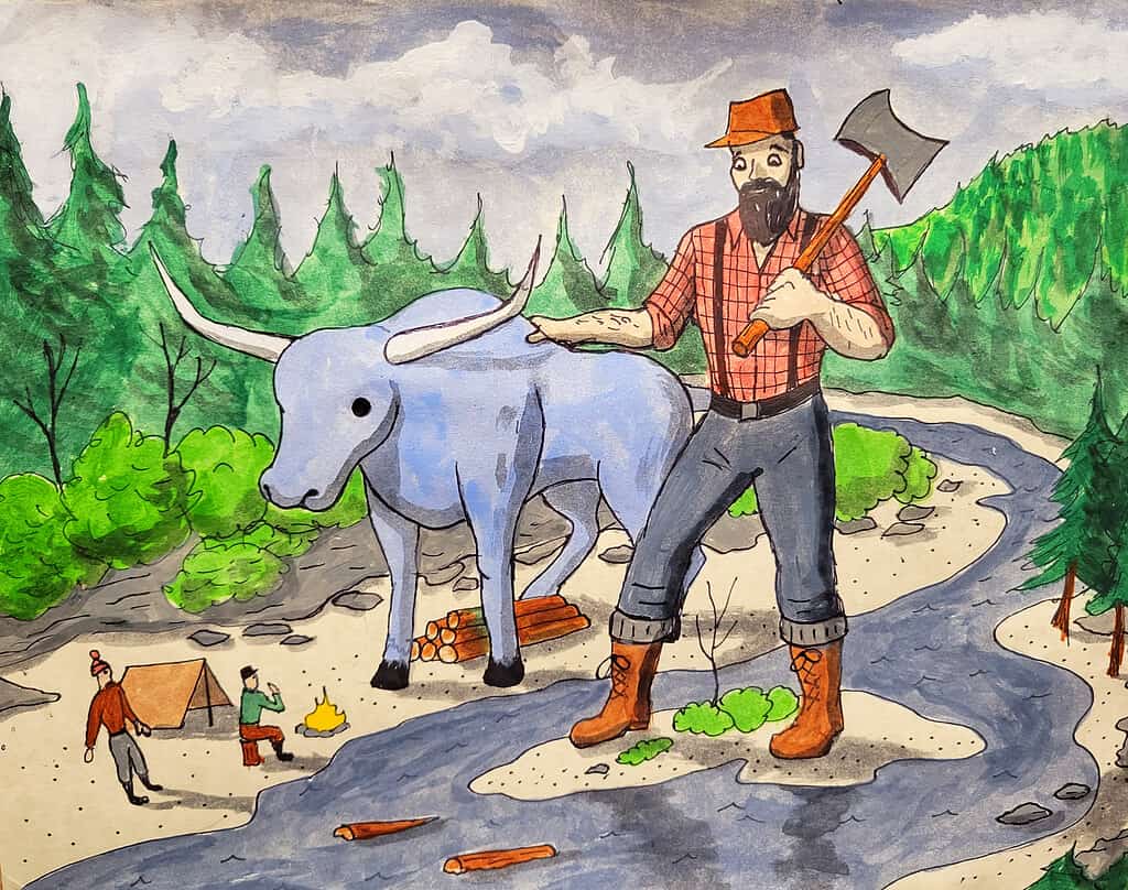 The legendary giant woodsman, Paul Bunyan, and his Ox Babe, show up to a riverside logging camp.