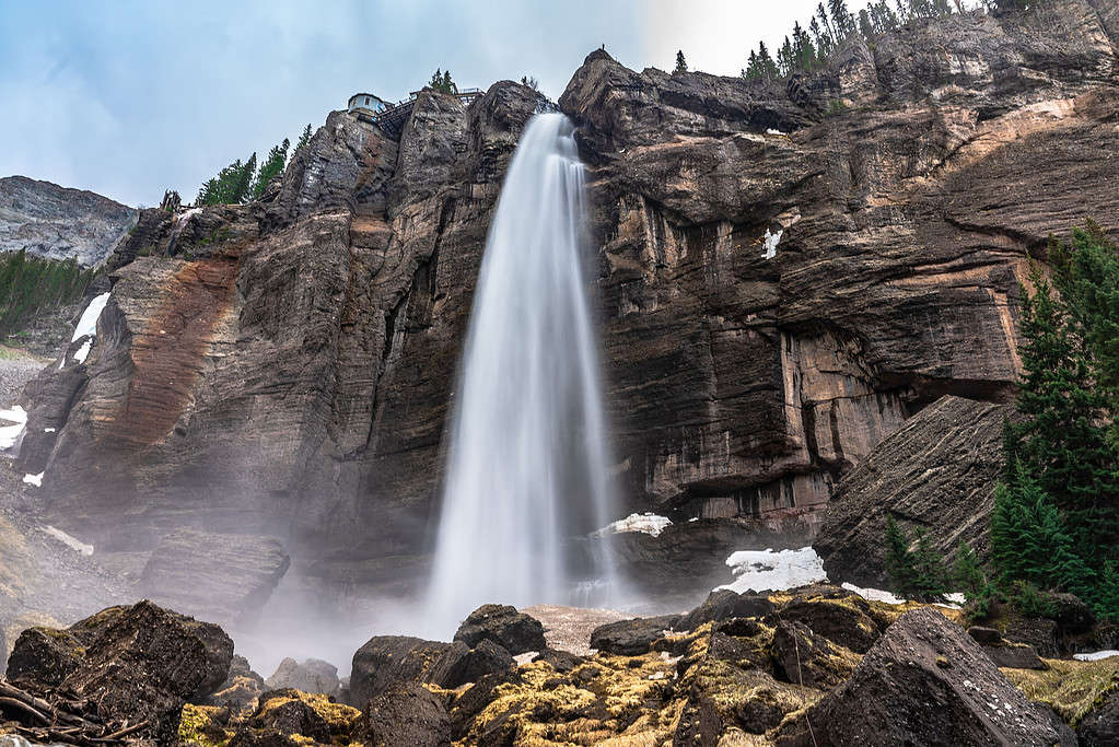 Majestic flowing Bridal Veil Falls waterfall in Telluride, CO