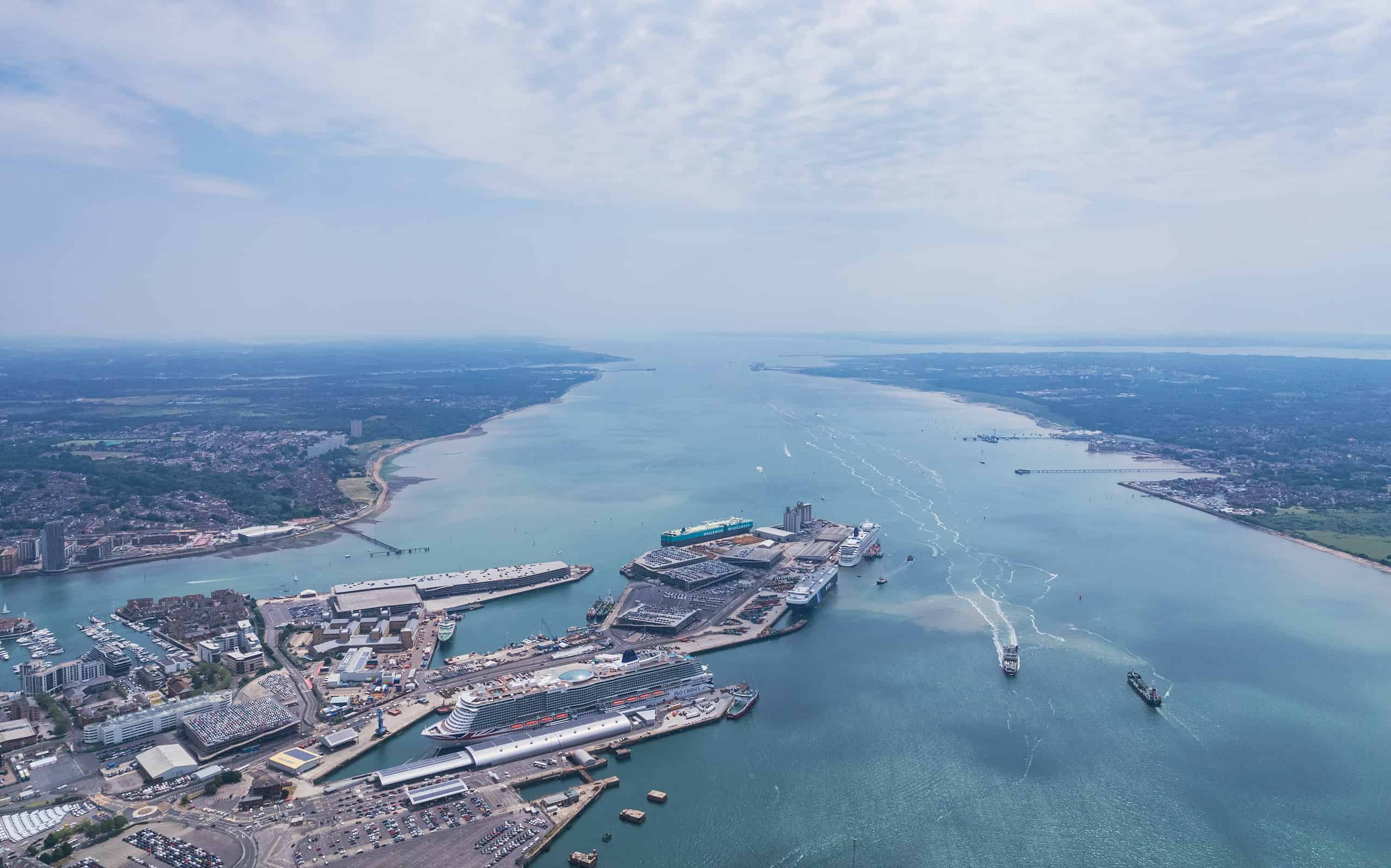 The epic aerial view of the port, dock, shipyard of the Southampton
