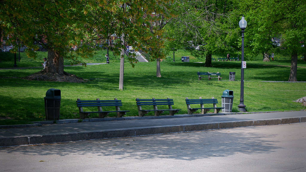 This photo shows three benches and green grass in the Boston Common,