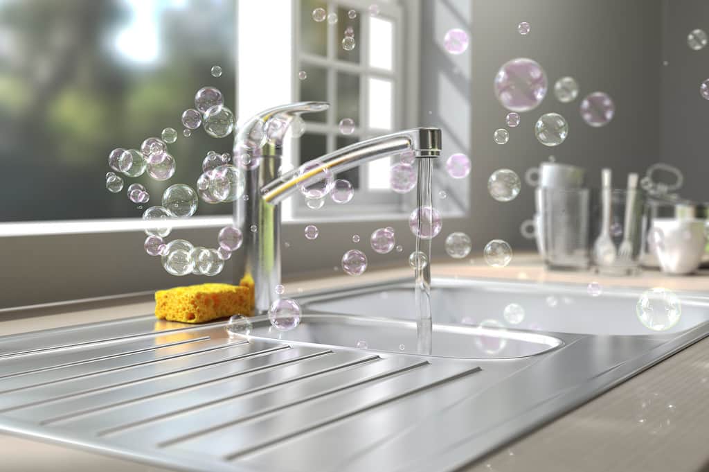 Soap bubbles floating around kitchen sink while washing dish