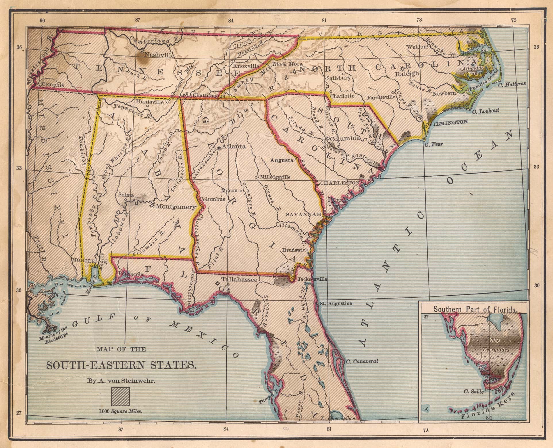 Old, Color Map of South Eastern States, From 1800's