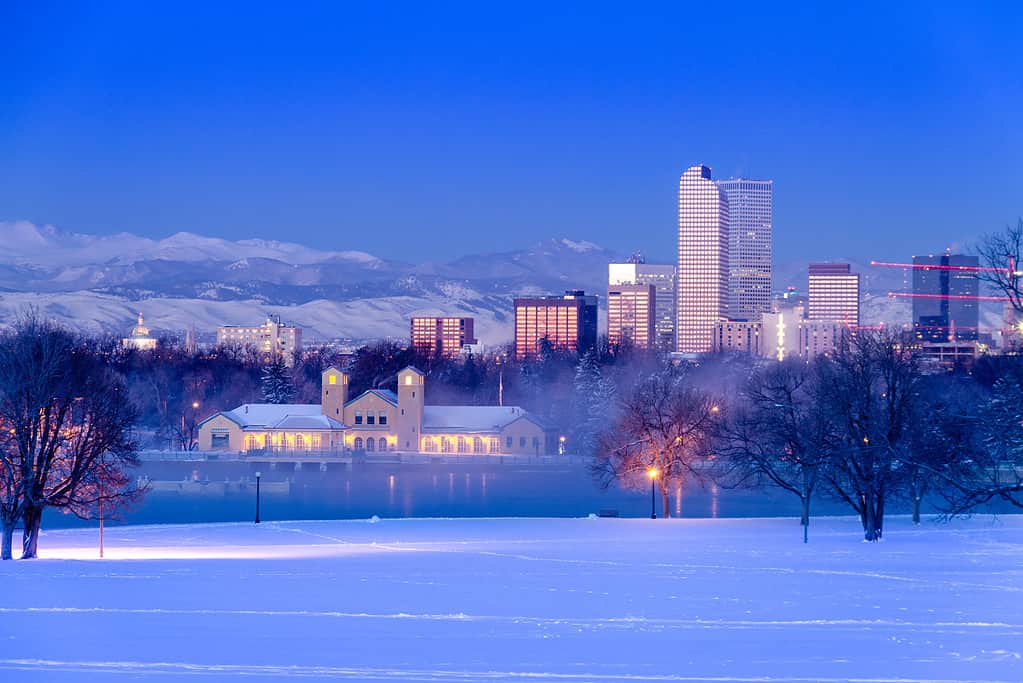 Denver Colorado Skyline in Snow Feb 2013