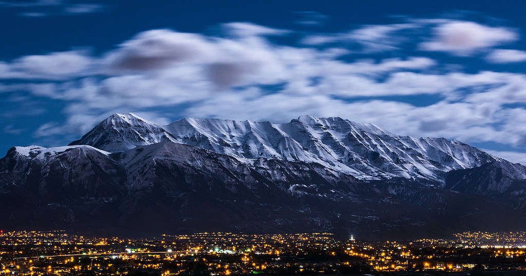 Utah Winter Mountains in Moonlight over City