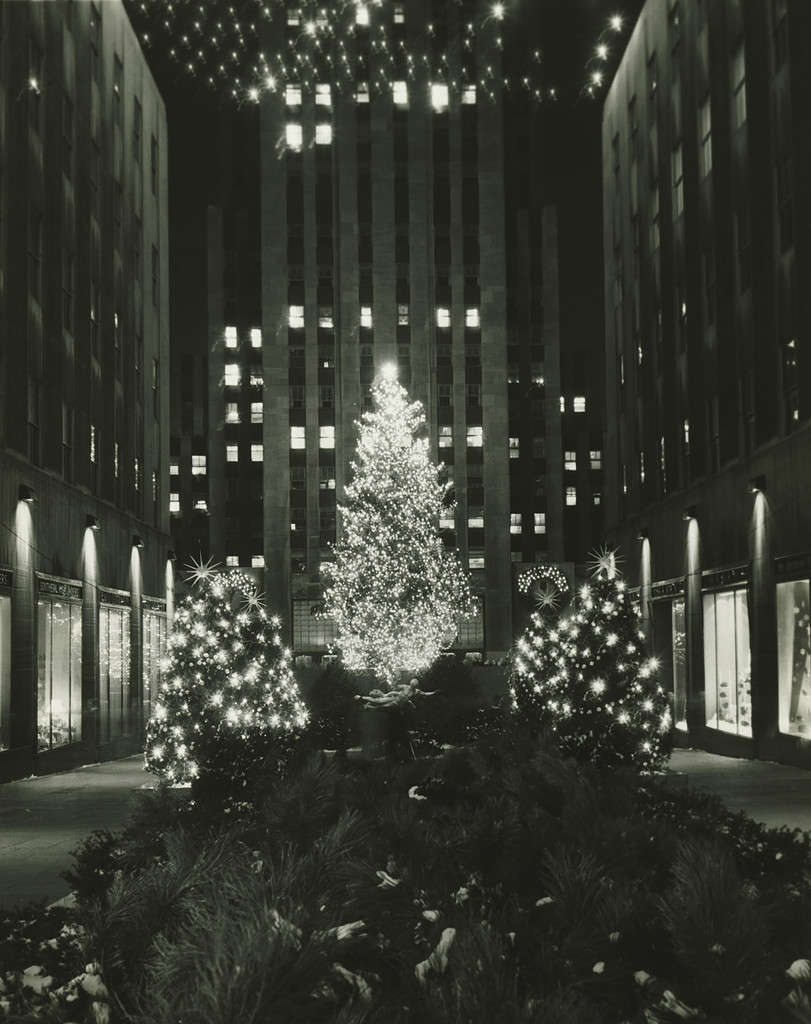 Rockefeller Center decorated for Christmas, New York City, (B&W), (Low section)