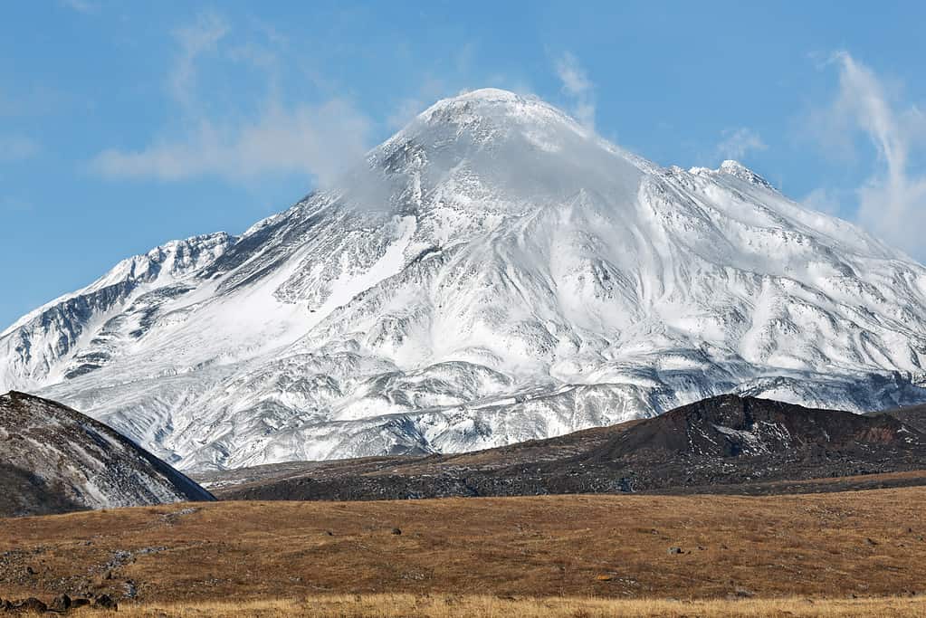 Active Bezymianny Volcano (Bezymiannaya Sopka) on Kamchatka Peninsula