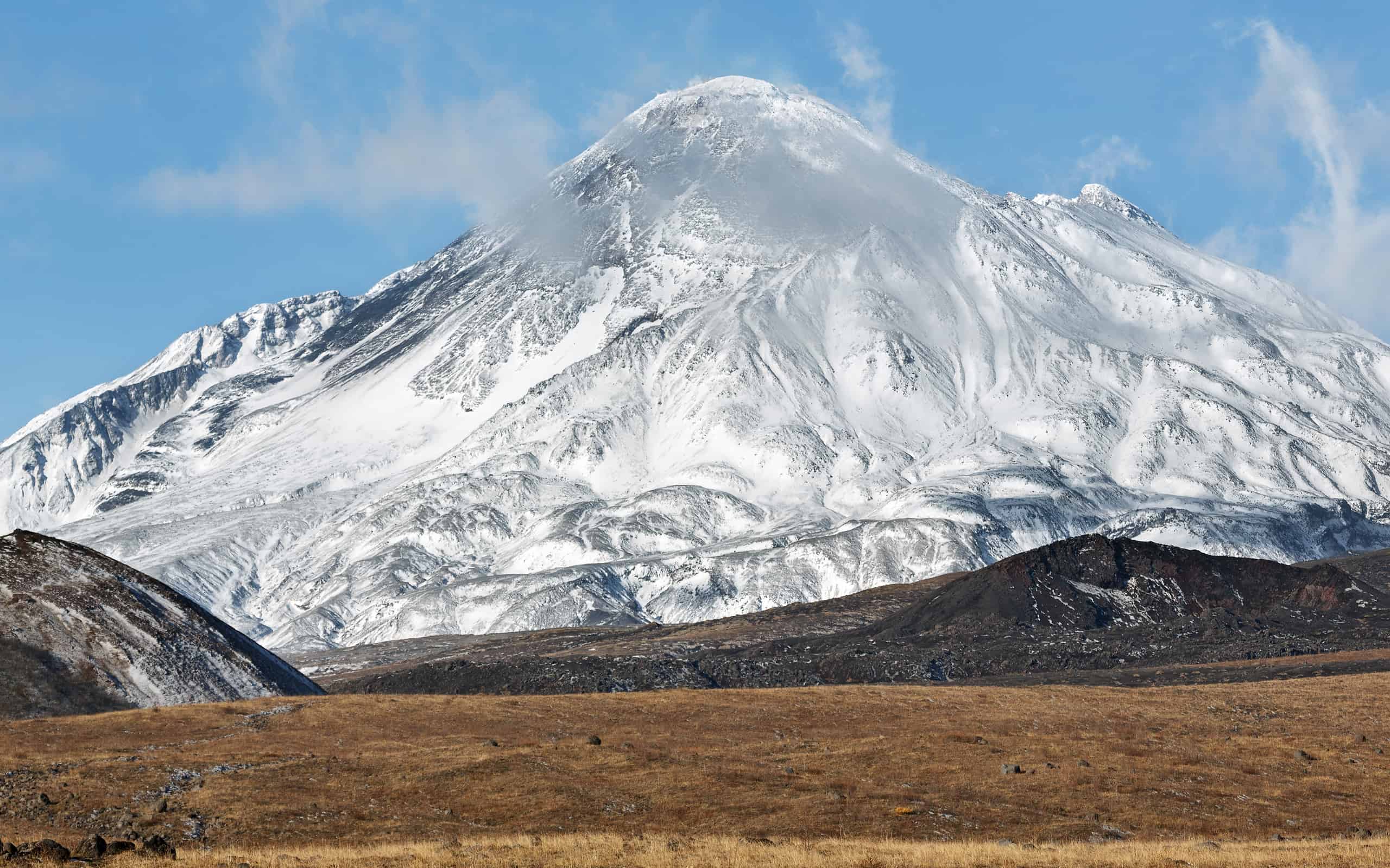 Active Bezymianny Volcano (Bezymiannaya Sopka) on Kamchatka Peninsula